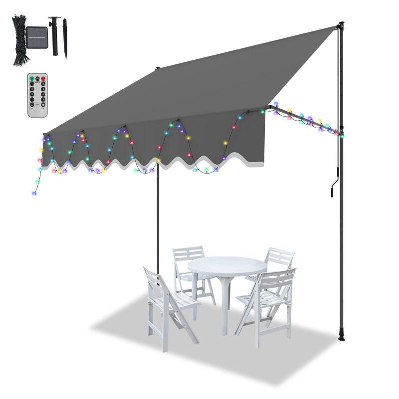 Klemmmarkise mit LED Markise ohne Bohren Höhenverstellbare Balkonmarkise Sonnenmarkise Balkon 200cm Grau