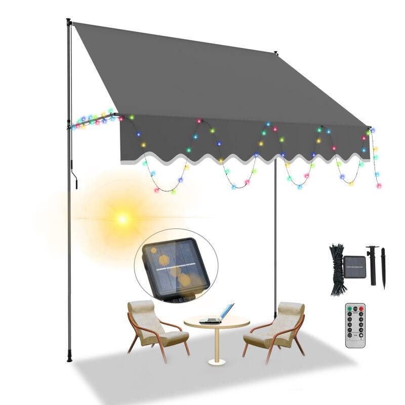 Klemmmarkise mit LED Markise ohne Bohren Höhenverstellbare Balkonmarkise Sonnenmarkise Balkon 250cm Grau