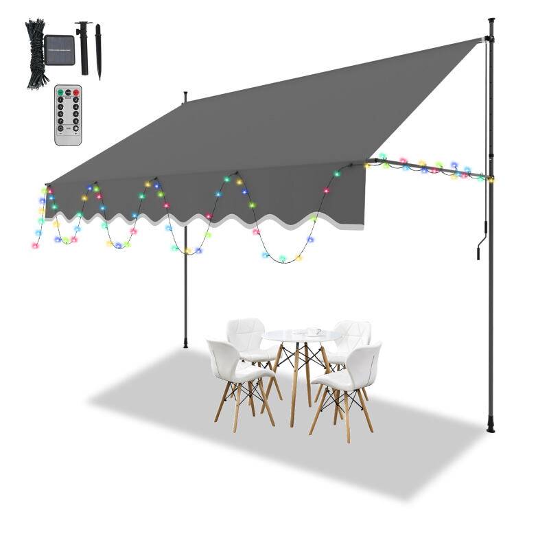Klemmmarkise mit LED Markise ohne Bohren Höhenverstellbare Balkonmarkise Sonnenmarkise Balkon 300cm Grau