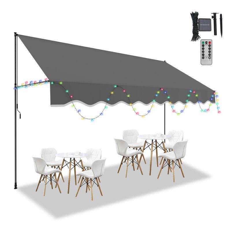 Klemmmarkise mit LED Markise ohne Bohren Höhenverstellbare Balkonmarkise Sonnenmarkise Balkon 400cm Grau