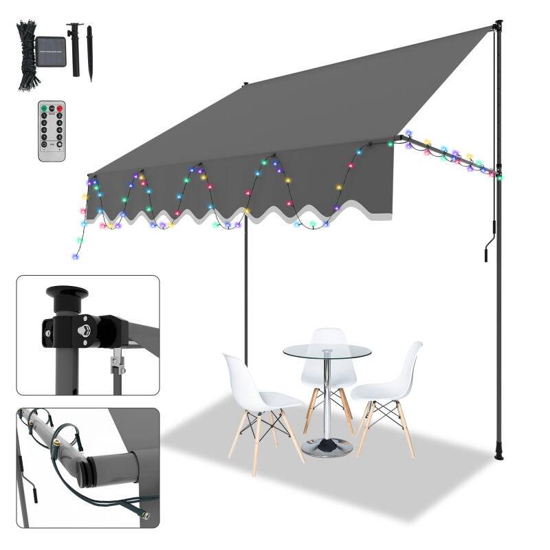 Markise Klemmmarkise mit LED Höhenverstellbare Balkonmarkise Sonnenschutz Markise ohne Bohren für Terrasse Balkon 200cm Grau