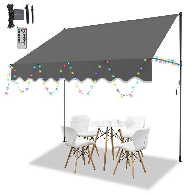 Markise Klemmmarkise mit LED Höhenverstellbare Balkonmarkise Sonnenschutz Markise ohne Bohren für Terrasse Balkon 250cm Grau