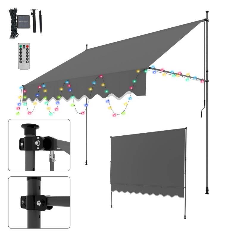 Markise Klemmmarkise mit LED Höhenverstellbare Balkonmarkise Sonnenschutz Markise ohne Bohren für Terrasse Balkon 300cm Grau