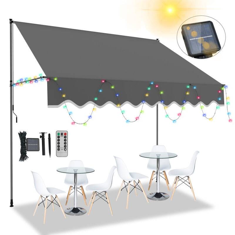 Markise Klemmmarkise mit LED Höhenverstellbare Balkonmarkise Sonnenschutz Markise ohne Bohren für Terrasse Balkon 400cm Grau