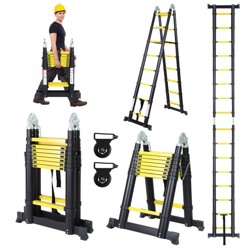 Teleskopleiter 2,5m+2,5m mit Rädern Stehleiter Klappleiter Stabil Aluminium bis 150kg