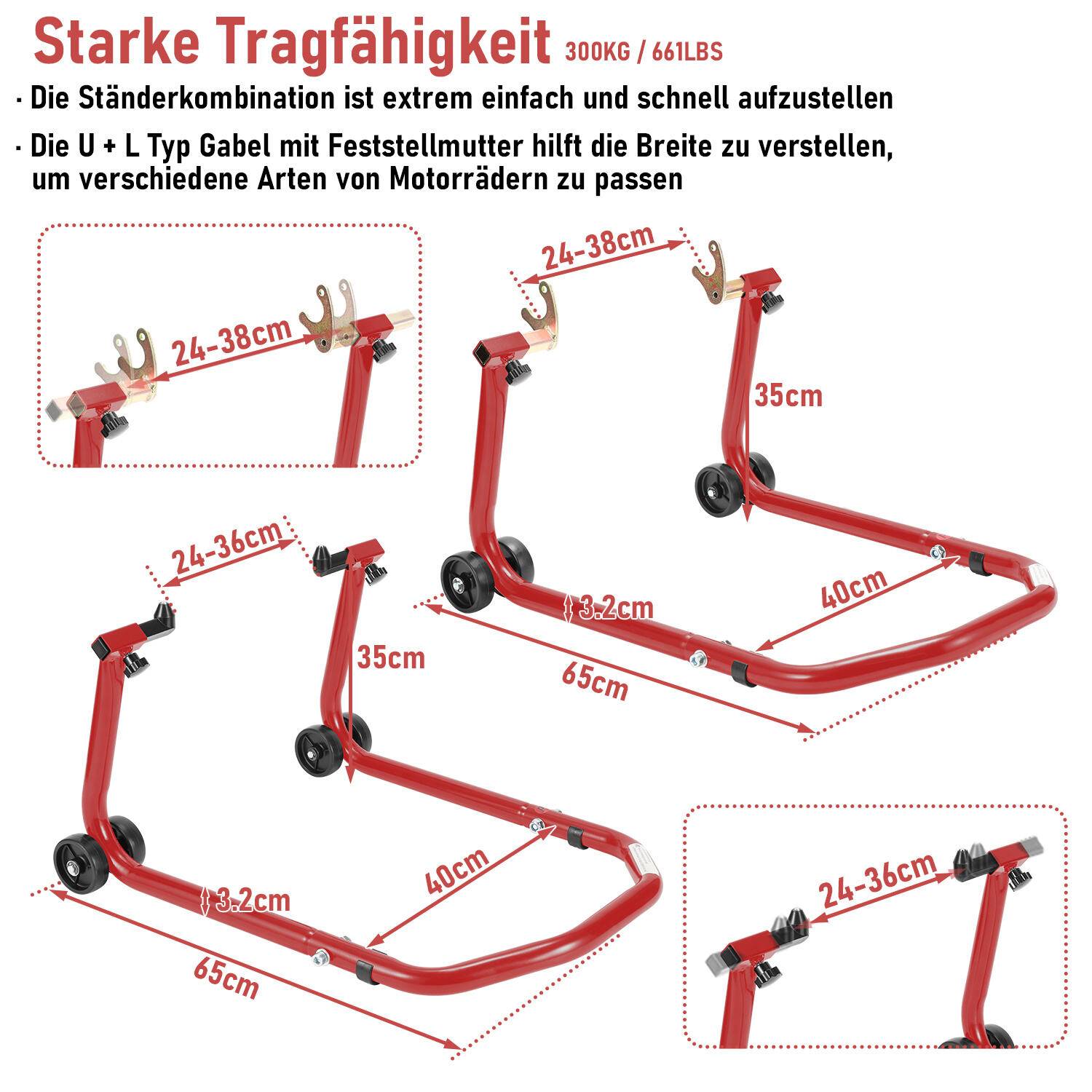 2x Motorradständer Verstellbare Transportständer für Vorder- und Hinterräder