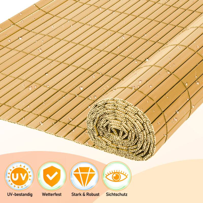 PVC Sichtschutzmatte Sichtschutzzaun Sichtschutz für Zaun Balkon Bambus 160x500cm Stabile W-Form