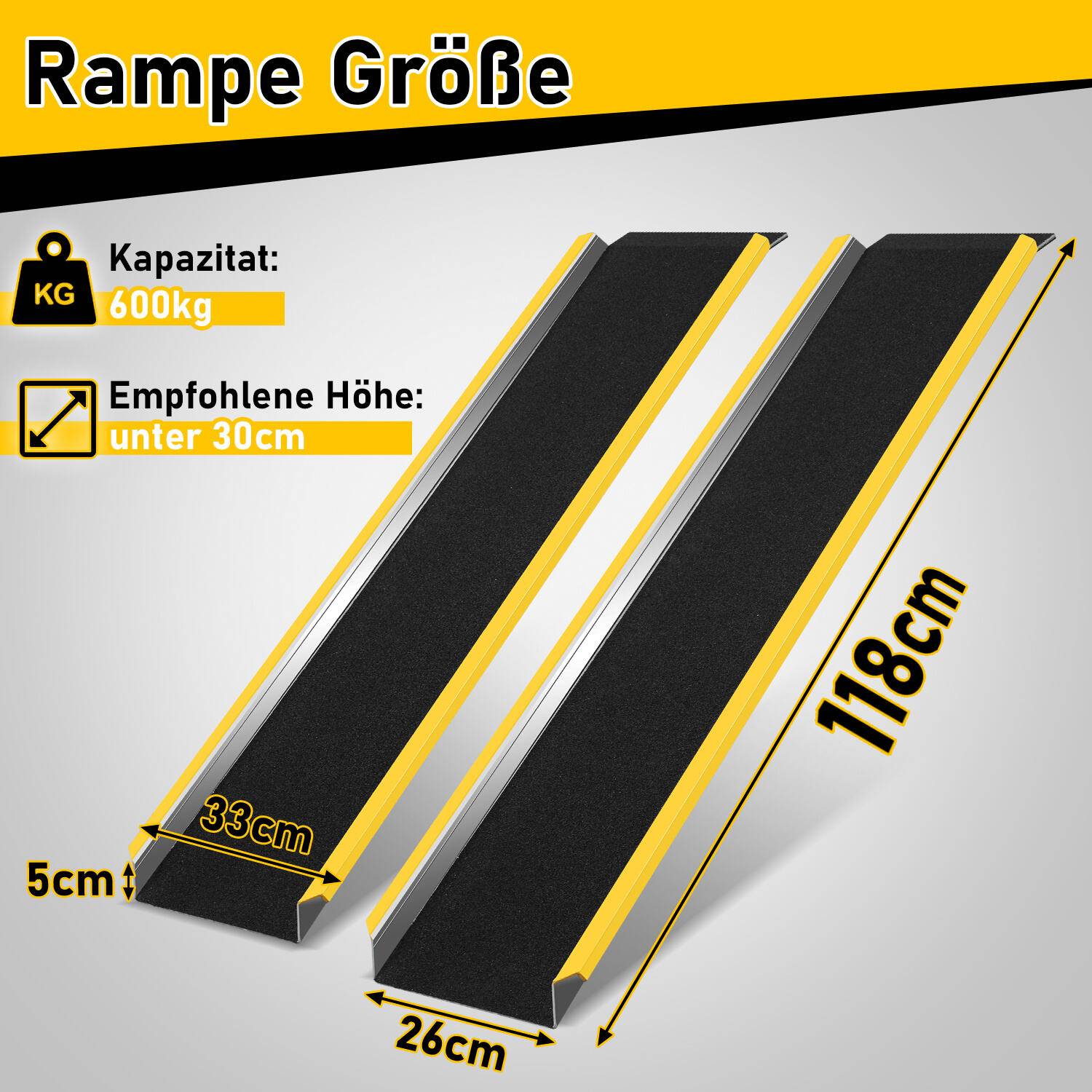 2X Auffahrrampe Rollstuhlrampe mit gelben Warnstreifen Verladerampe Verladeschiene Auto Laderampe für Motorrad, Anhänger 300kg Pro Stück