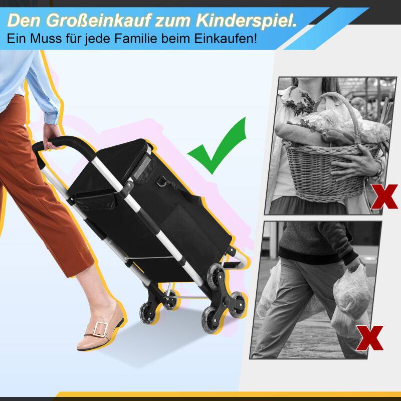 Einkaufstrolley Einkaufswagen klappbar mit Kühlfach & 6 großen Rädern Treppensteiger-Funktion 40 L