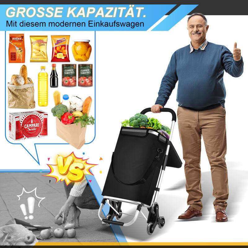 Einkaufstrolley Einkaufswagen klappbar Einkaufswagenklappbar 3+3 Radsystem Leicht Wagen 40 L