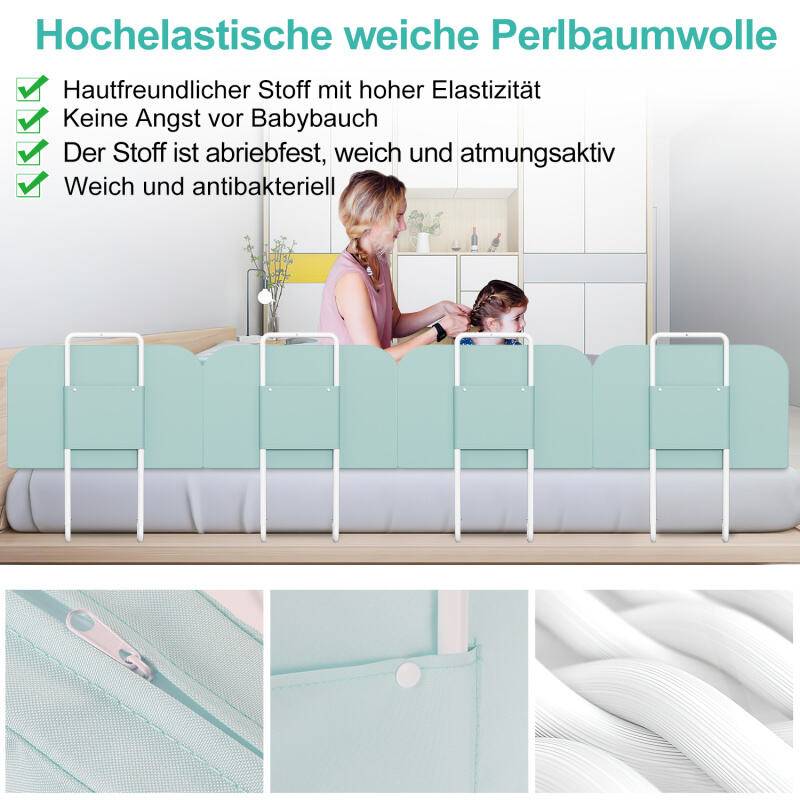 4X Rausfallschutz Bettschutzgitter, Bettgitter,50cm 5-Loch Höhenverstellbar , Kinderbettgitter für Familienbett und Kinderbett(200cm, Grün)
