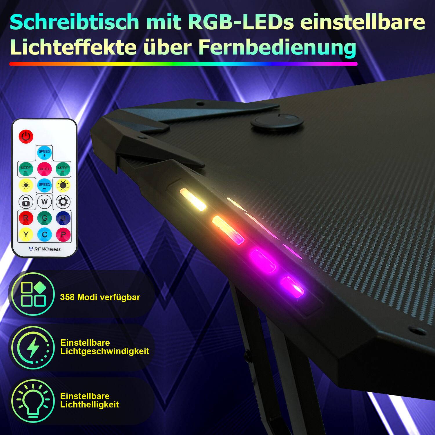 Gaming Schreibtisch Z-Form 120x60cm Gaming Tisch ergonomischer, Carbon Tischplatte, Becherhalter, Kopfhörerhaken, Mauspad - met LED+Fernbedienun