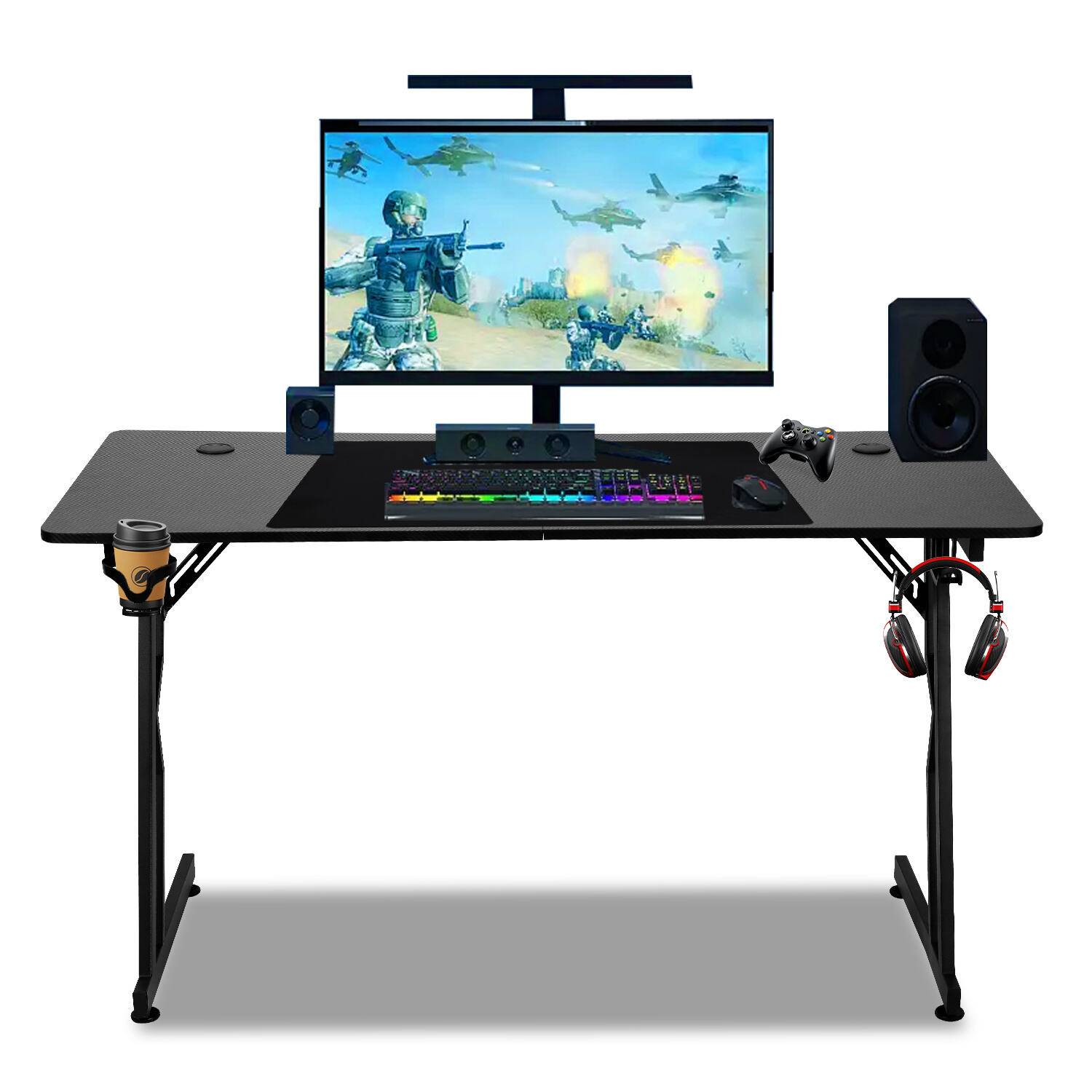 Gaming Schreibtisch Z-Form 120x60cm Gaming Tisch ergonomischer, Carbon Tischplatte, Becherhalter, Kopfhörerhaken, Mauspad - ohne LED