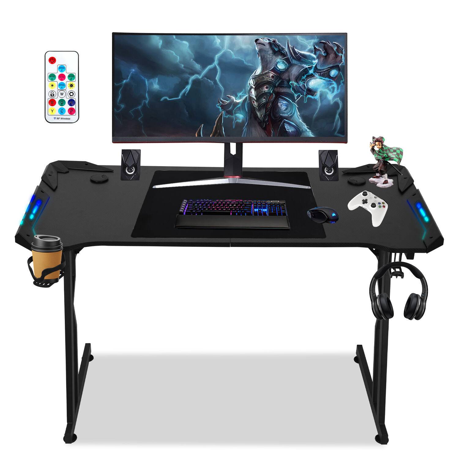 Gaming Schreibtisch Z-Form 120x60cm Gaming Tisch ergonomischer, Carbon Tischplatte, Becherhalter, Kopfhörerhaken, Mauspad - met LED+Fernbedienun