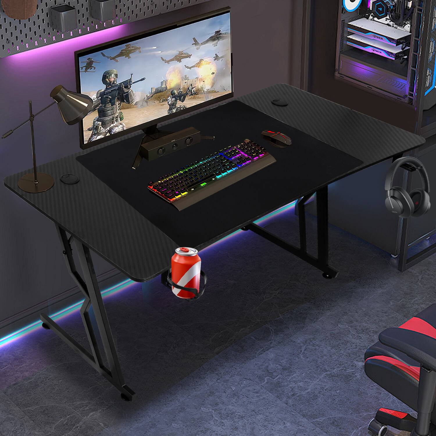 Z-förmiger Gaming Schreibtisch Computertisch Bürotisch Gamer Tisch met Getränkehalter Kopfhörerhalter Mauspad, ohne LED (120x60cm)
