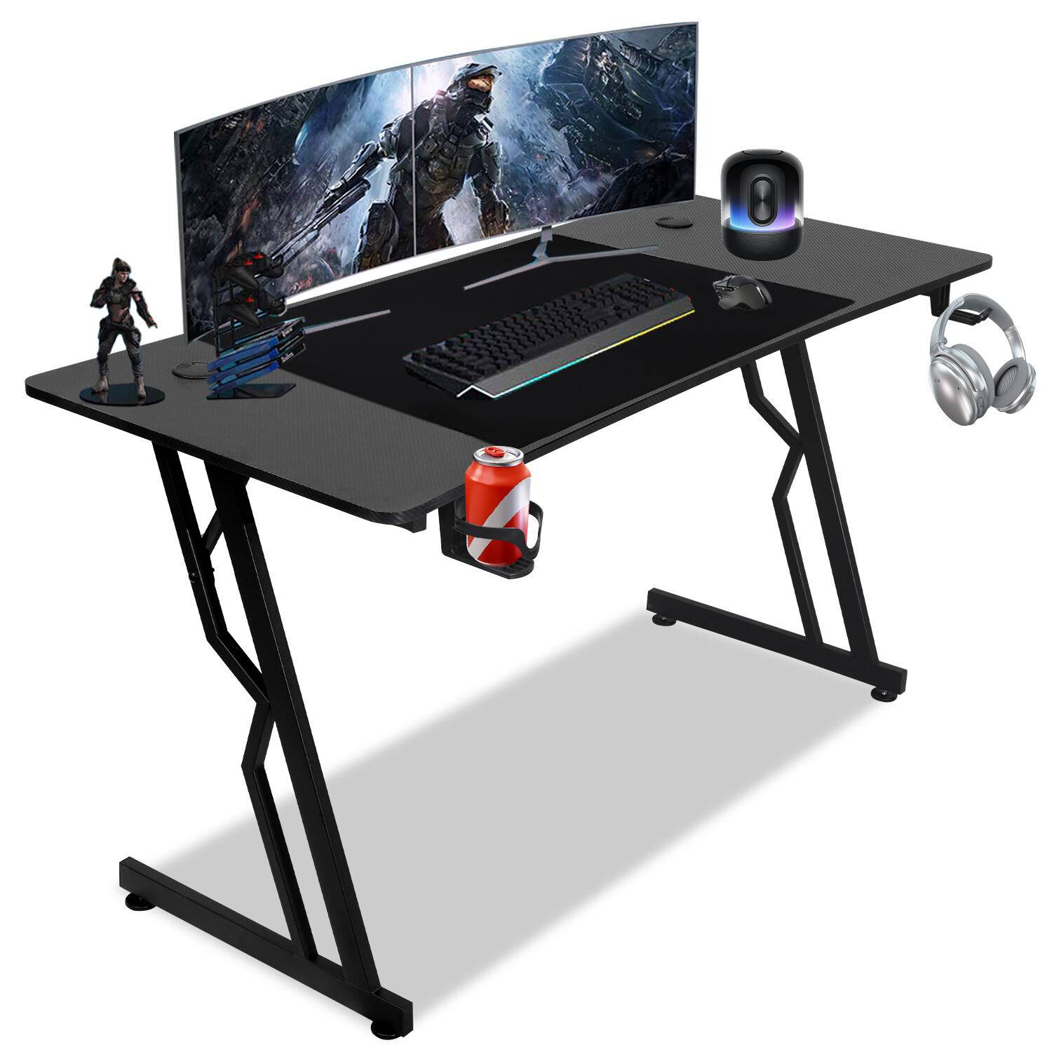 Gaming Schreibtisch Carbon Tischplatte 140x60cm, met Getränkehalter Kopfhörerhalter Mauspad, Computertisch Gamer Tisch (ohne LED)