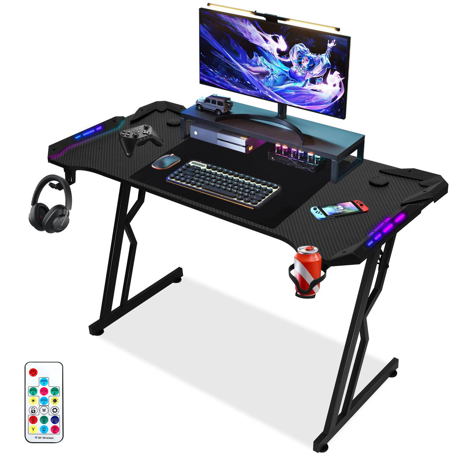 Gaming Schreibtisch Carbon Tischplatte 120x60cm, met Getränkehalter Kopfhörerhalter Mauspad, Computertisch Gamer Tisch (met LED und Fernbedienun)