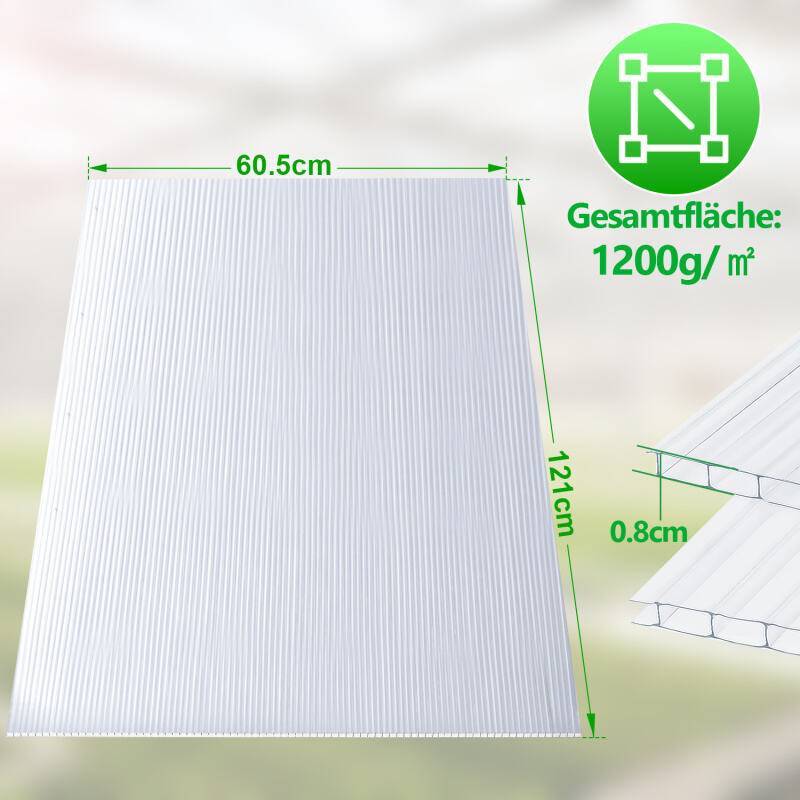 Plastic Gewächshausplatten 5 Stk., Polycarbonat ( PC ) Doppelstegplatte, Hohlkammerplatte, Gewicht 1200g/m2, 8mm Stärke