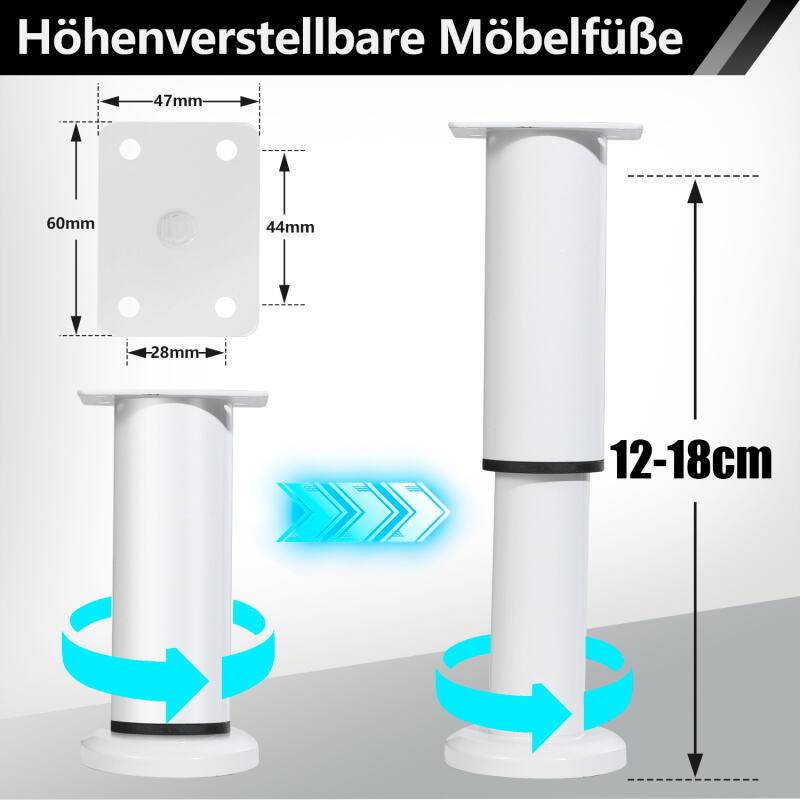 4X Möbelfüße 12-18cm Dehnbar（Weiß） Sockelfüße Stützfuß Schrankfuß Verstellbar Hotel Sockelfüße Füße