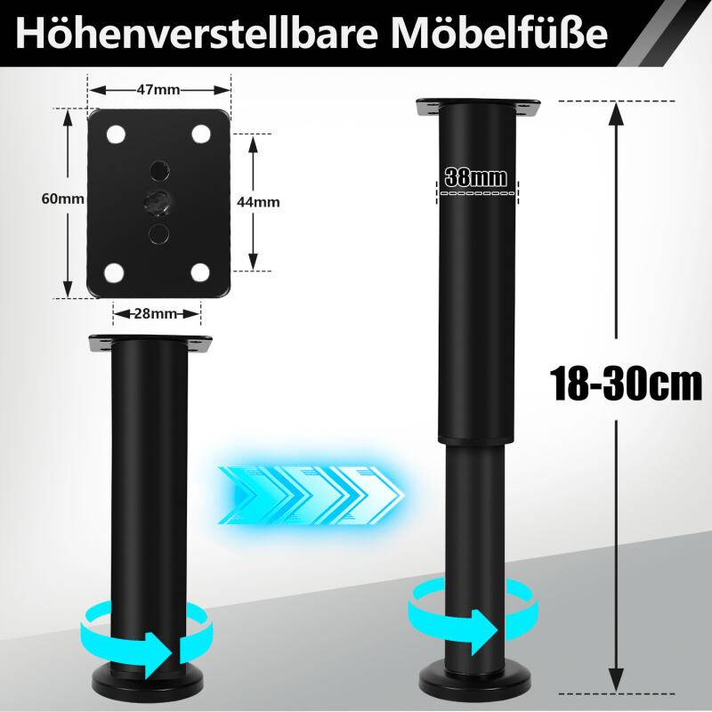 4X Möbelfüße 18-30cm Dehnbar（Schwarz） Sockelfüße Stützfuß Schrankfuß Verstellbar Hotel Sockelfüße Füße
