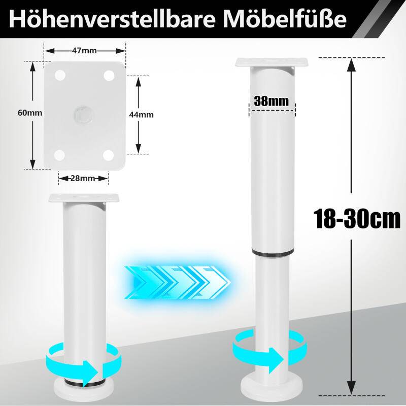 4X Möbelfüße 18-30cm Dehnbar（Weiß） Sockelfüße Stützfuß Schrankfuß Verstellbar Hotel Sockelfüße Füße