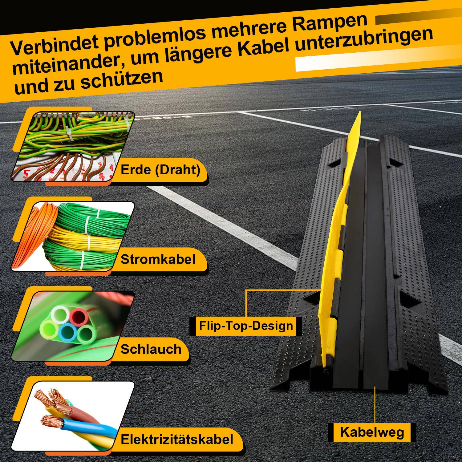6 Stück Kabelbrücke Kabeltunnel Schlauch Kabelschutzmatte 2 Kanal Überfahrrampe