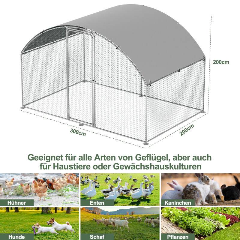 3x2x2m Hühnerstall Kuppeldach Tiergehege Freilaufgehege Tierlaufstall mit PE-Schattendach, Verzinkter Stahlrahmen, Außenzaun Verwendet für Hühner