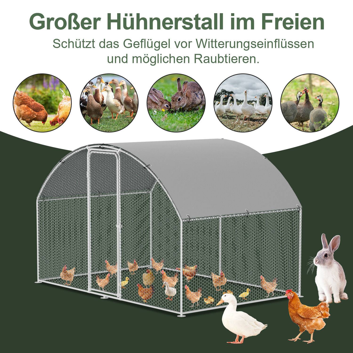 3x4x2m Hühnerstall Kuppeldach Tiergehege Freilaufgehege Tierlaufstall mit PE-Schattendach, Verzinkter Stahlrahmen, Außenzaun Verwendet für Hühner