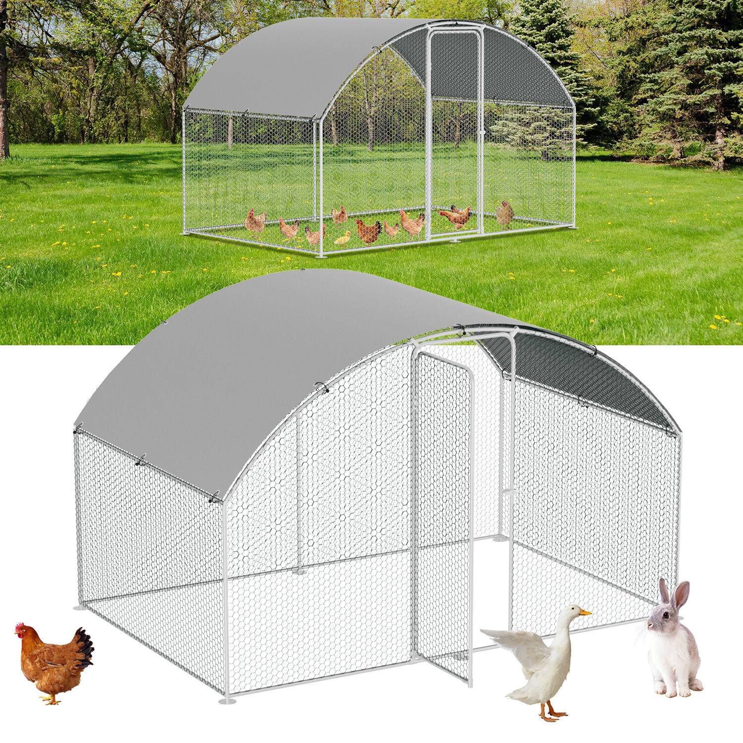 Freilaufgehege Hühnerhaus Kuppeldach 3 x 2 x 2 m Outdoor Hühnerstall Dach Geflügelstall, Verzinkter Stahl Kleintierstall Freigehege mit Sonnenschut