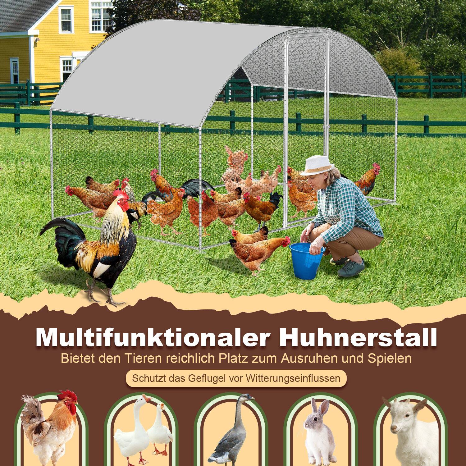 Freilaufgehege Hühnerhaus Kuppeldach 3 x 4 x 2 m Outdoor Hühnerstall Dach Geflügelstall, Verzinkter Stahl Kleintierstall Freigehege mit Sonnenschut