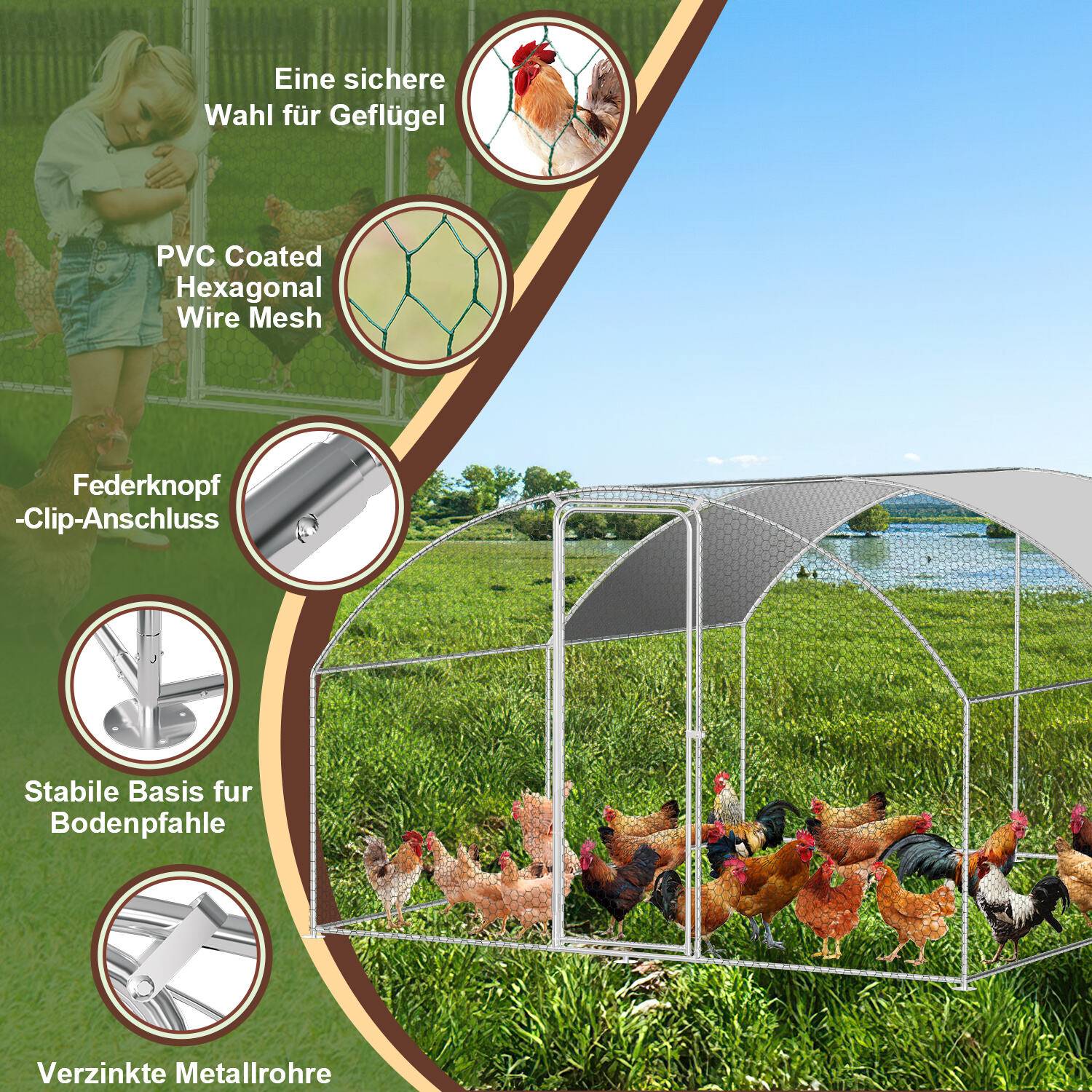 Freilaufgehege Hühnerhaus Kuppeldach 3 x 4 x 2 m Outdoor Hühnerstall Dach Geflügelstall, Verzinkter Stahl Kleintierstall Freigehege mit Sonnenschut