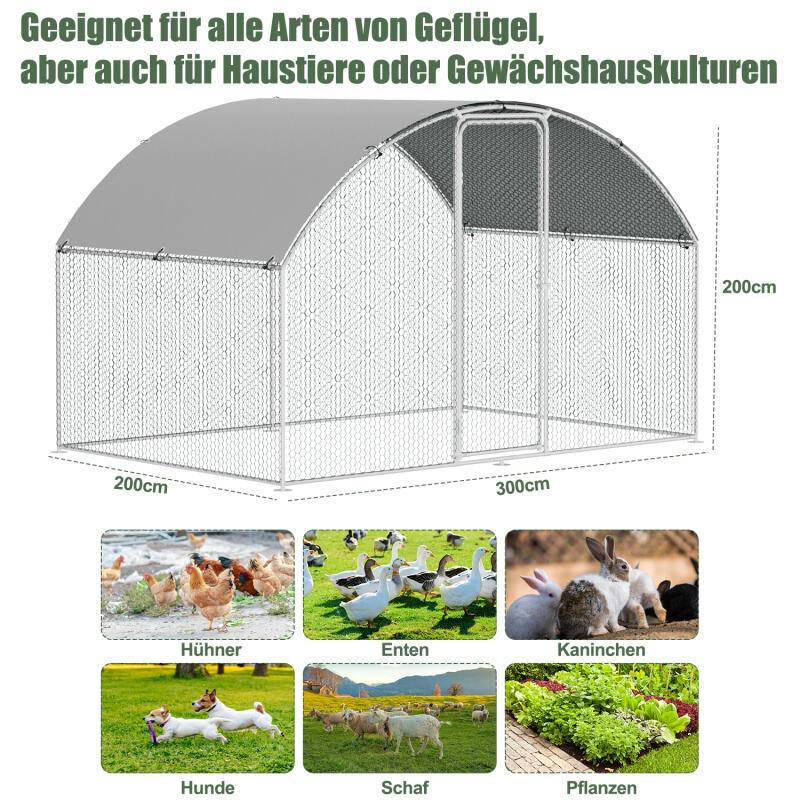 Freilaufgehege – Hühnerstall Kuppeldach aus Metall begehbar, Tür & Riegel – Freigehege für Hühner, Kleintiere & Pflanzen - 3x2x2m mit 6 m² La