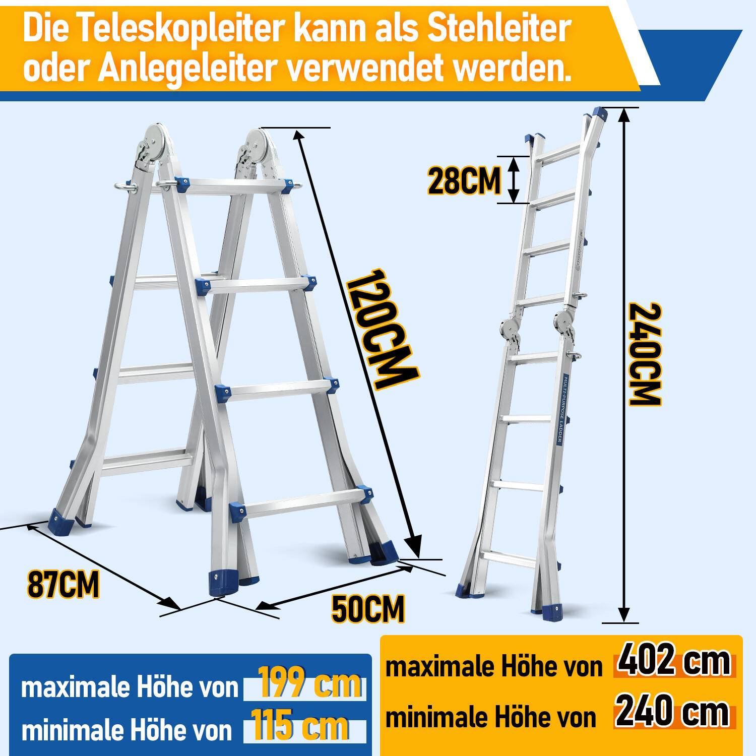 Mehrzweckleiter 4x4 Alu Multifunktionsleiter Teleskopleiter 402cm Silber bis 150kg