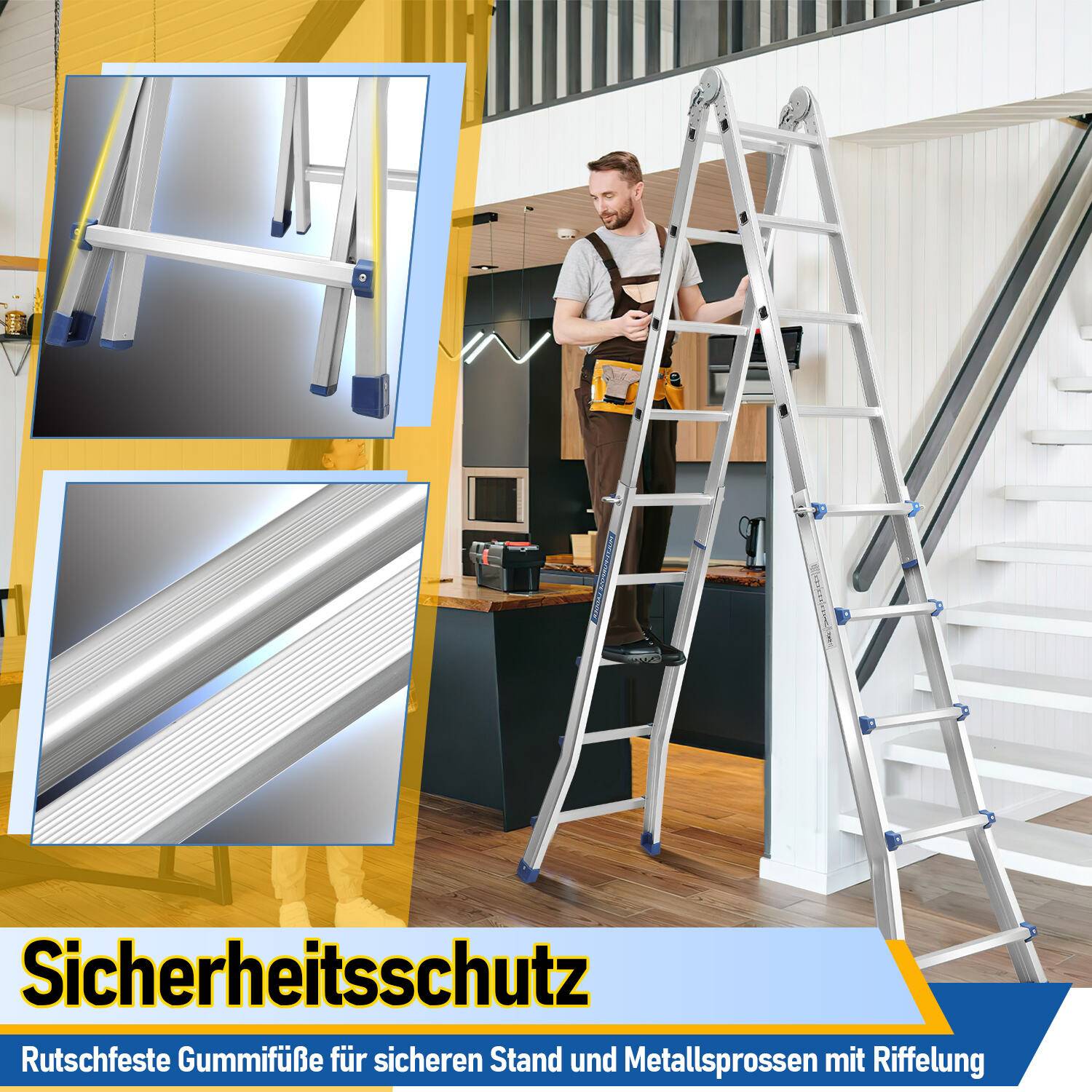 Mehrzweckleiter 4x5 Alu Multifunktionsleiter Teleskopleiter 513cm Silber bis 150kg