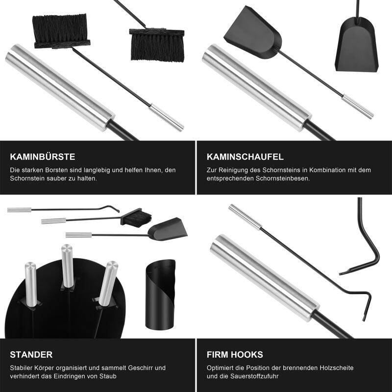 4-teilig Kaminbesteck Edelstahl Kaminbesteck Kamingarnitur Kaminreinigungsset mit Schürhaken, Ascheschaufel, Kaminbesen & Ständer 50cm