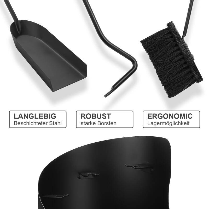 4-teilig Kaminbesteck Edelstahl Kaminbesteck Kamingarnitur Kaminreinigungsset mit Schürhaken, Ascheschaufel, Kaminbesen & Ständer 50cm