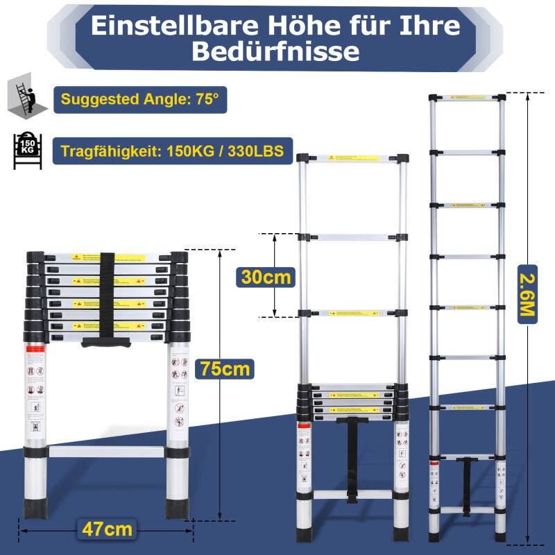 2,6 M Teleskopleiter Anlegeleiter Klappleiter Aluleiter Stehleiter Mehrzweckleiter