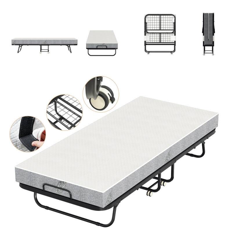 90x200cm Gästebett Klappbett mit Matratze und Schutzhülle bis 150kg, auf Rädern