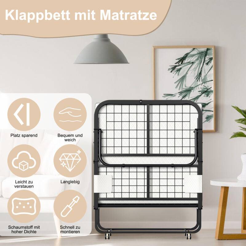 90x200cm Gästebett Klappbett bis 150kg, mit Matratze und Schutzhülle, auf Rädern