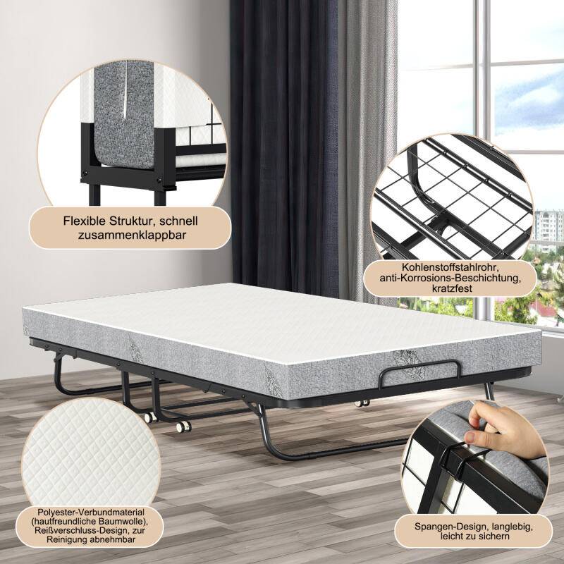 90x200cm Gästebett Klappbett mit Matratze und Schutzhülle bis 150kg, auf Rädern