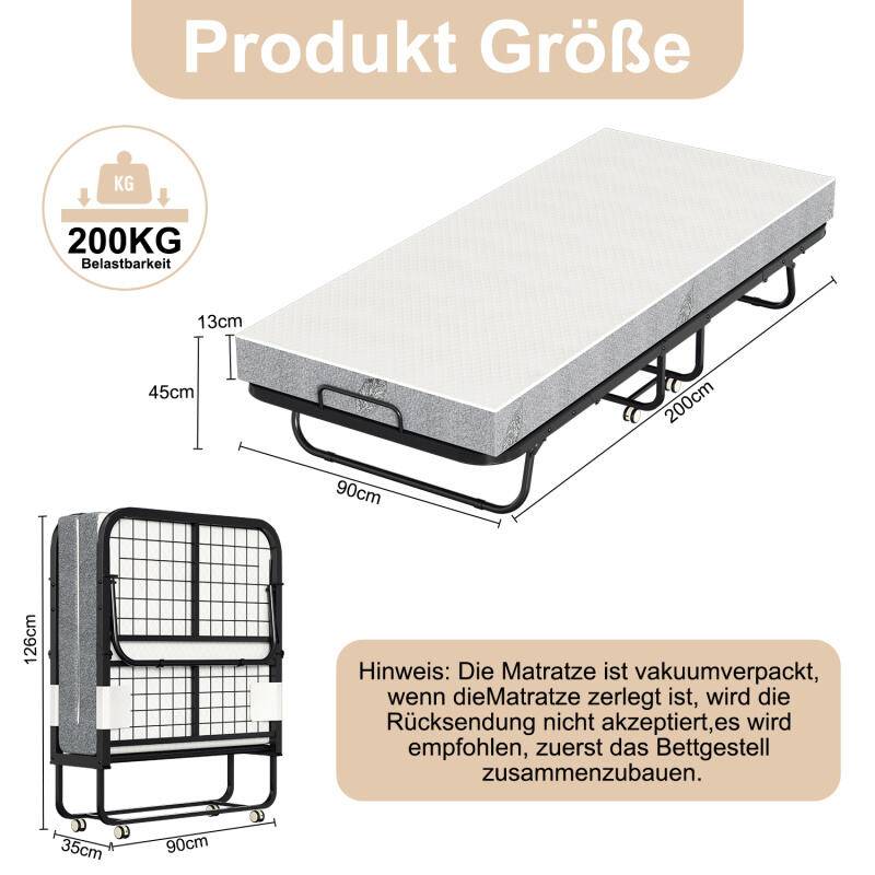 90x200cm Gästebett Klappbett bis 150kg, mit Matratze und Schutzhülle, auf Rädern