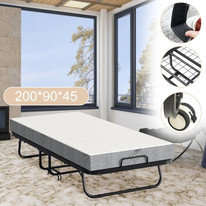 90x200cm Gästebett Klappbett bis 150kg, mit Matratze und Schutzhülle, auf Rädern