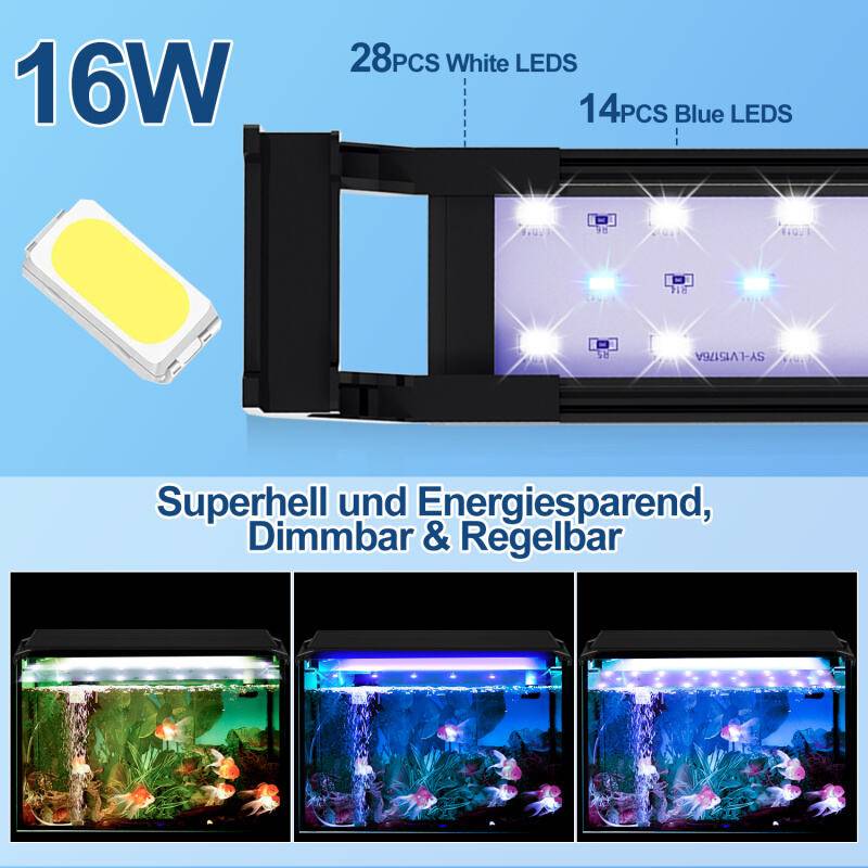 LED Aquarium Lampe 3 Lichtmodi Tank Leuchte Versenkbare Aquarien Beleuchtung mit Timer,50-65cm,16W