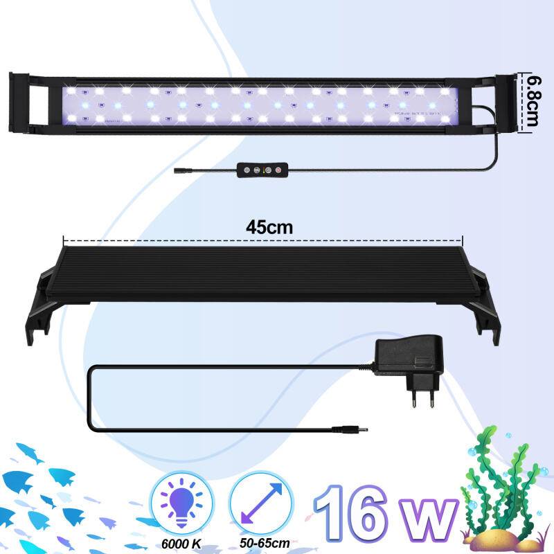 LED Aquarium Lampe 3 Lichtmodi Tank Leuchte Versenkbare Aquarien Beleuchtung mit Timer,50-65cm,16W
