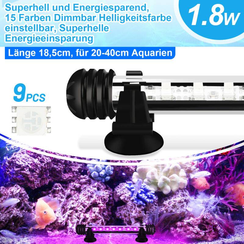 LED Aquarium Beleuchtung IP67 Wasserfest RGB Licht Aufsetzleuchte Dimmbar Fisch Tank Unterwasser Lampe 18.5cm