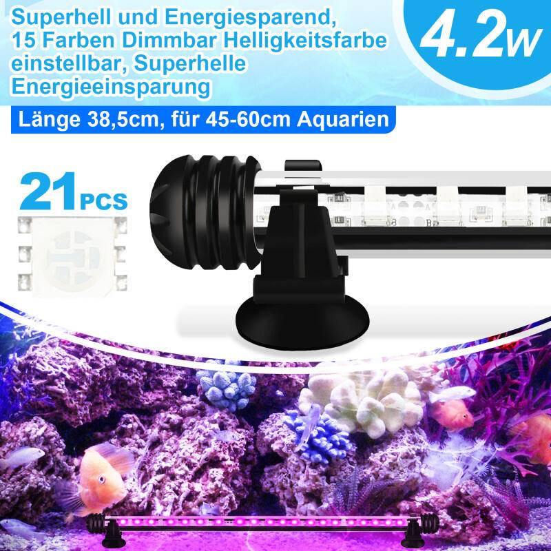 38.5cm LED Aquarium Beleuchtung IP67 Wasserfest RGB Licht Aufsetzleuchte Dimmbar Fisch Tank Unterwasser Lampe