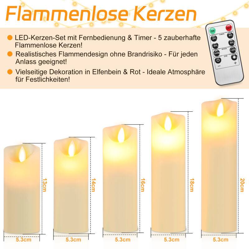 5x LED Kerzen Timer Kerze Flackernde Flamme mit Fernbedienung 5 Größen Dimmbar Elektrische Echtwachs Warmweiß