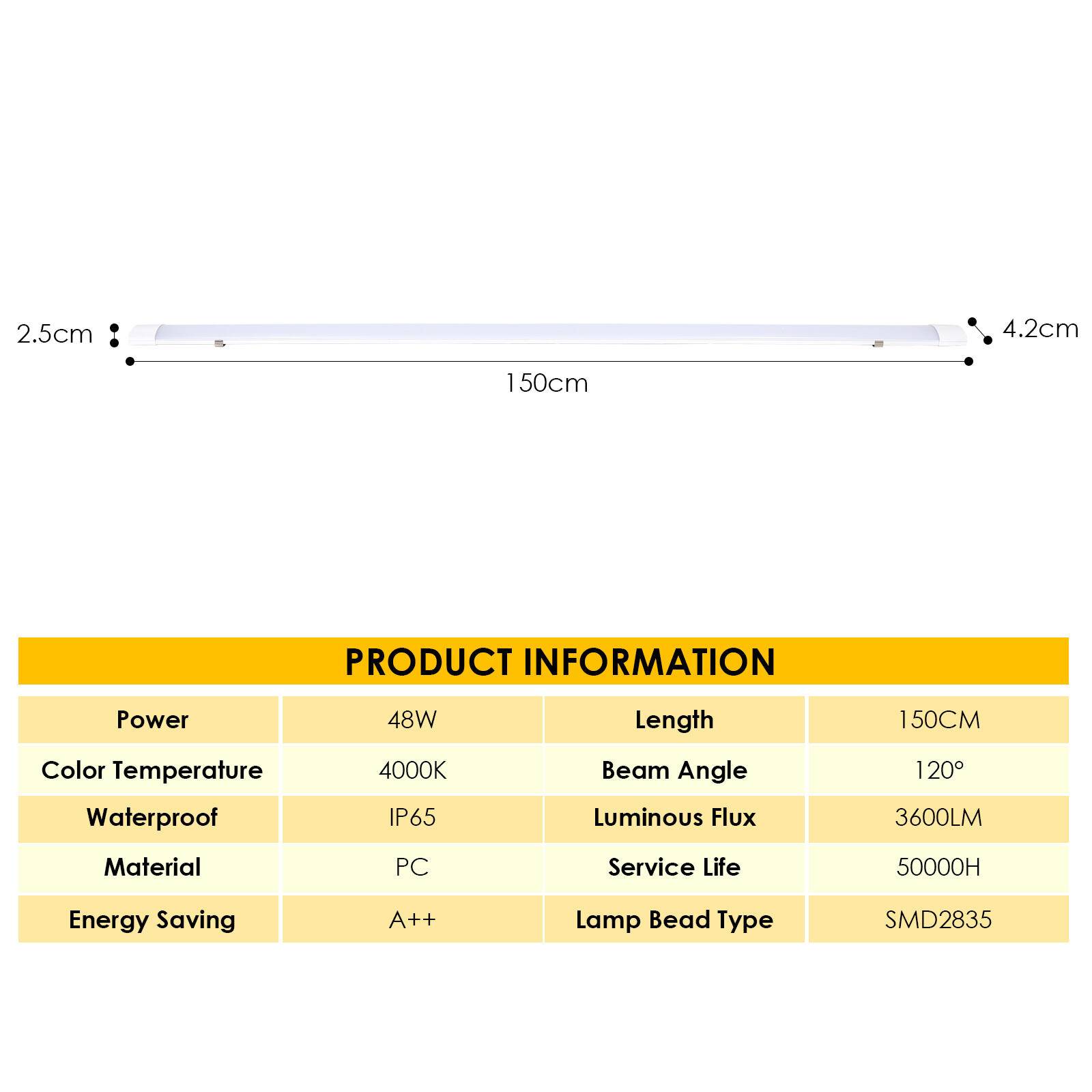 LED Feuchtraumleuchte Wannenleuchte 48W 150cm Deckenleuchte für Garage Lager Feuchtraum Garten Röhre IP65 Tageslicht 4000K