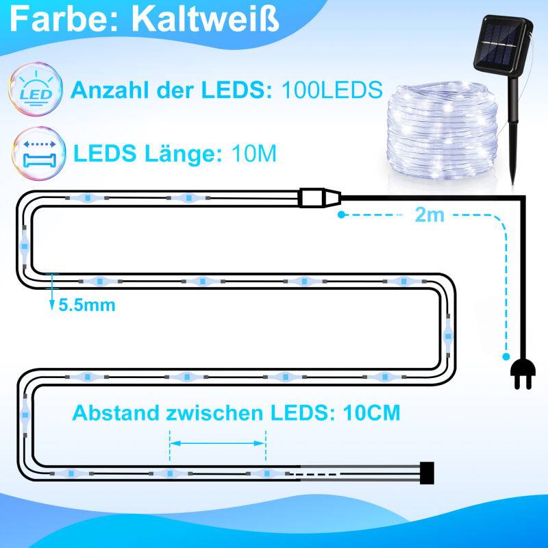 12 M Solar Lichterkette Lichtschlauch LED Lichterkette 8 Lichtmodi Party Garten Innen Außen Deko Weihnachtsbeleuchtung
