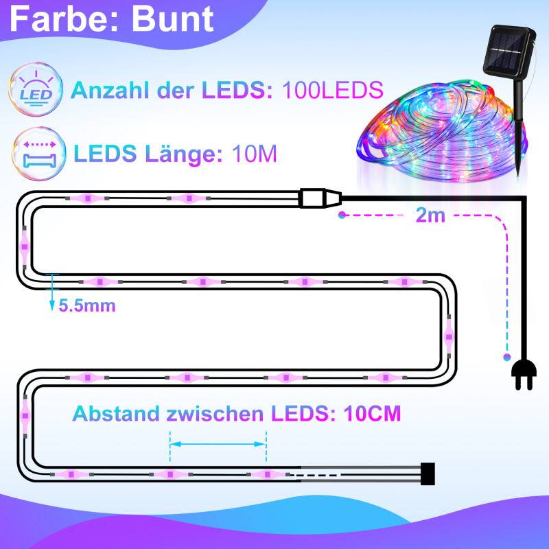 12 M Solar Lichterkette Lichtschlauch LED Lichterkette 8 Lichtmodi Party Garten Innen Außen Deko Weihnachtsbeleuchtung
